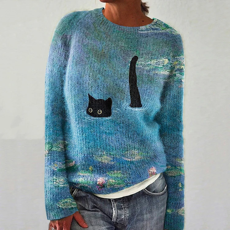 Women's Lotus Black Cat Print 3D Printing Casual Sweater