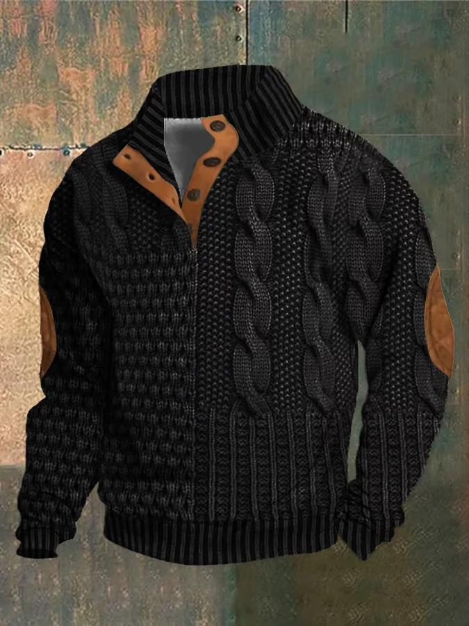 Men's Casual Vintage Print Half Collar Button Sweatshirt