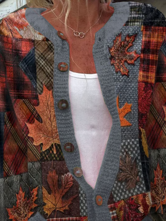 Women's Thanksgiving Pumpkin Maple Leaf Print Crew Neck Knitted Casual Cardigan