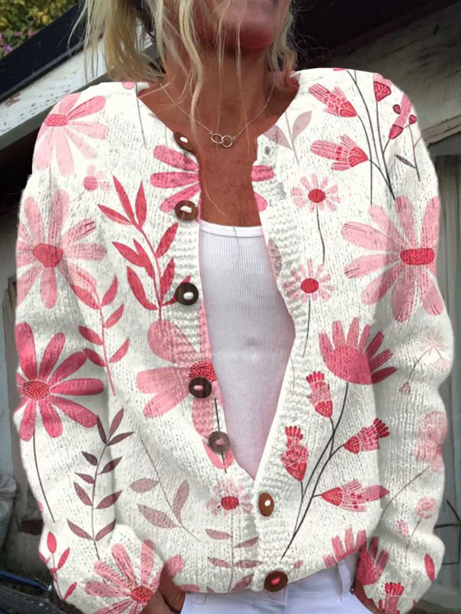 Women's Breast Cancer Pink Floral Print Knit Cardigan