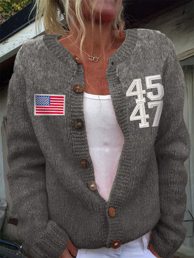 Flag Print Buttons Cardigan Sweater