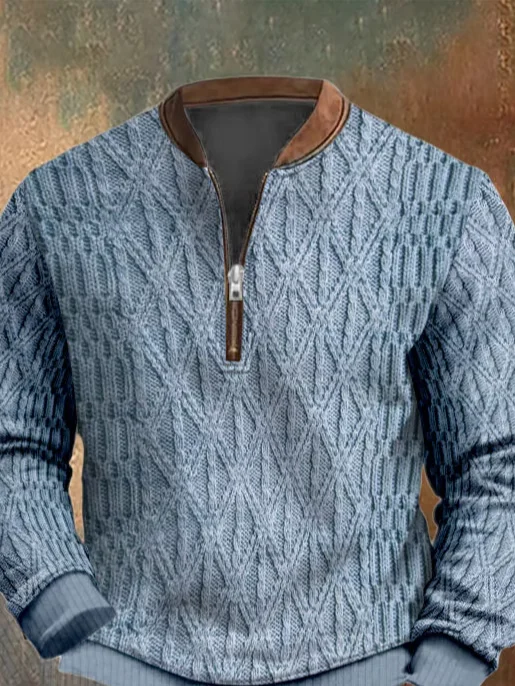 Men's Vintage Knit Print Zip-Up Sweatshirt