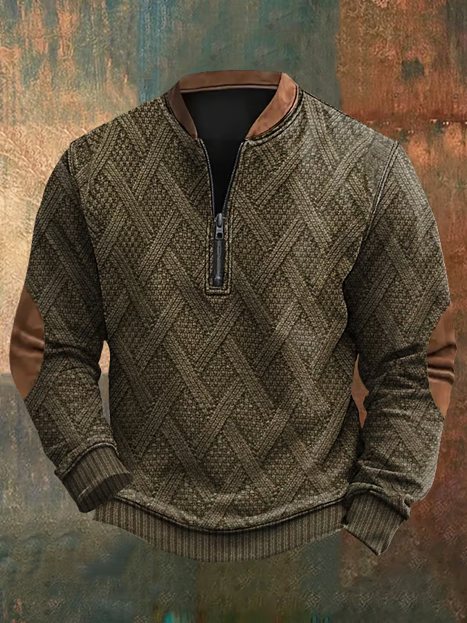 Men's Retro Western Print Zip-Up Sweatshirt