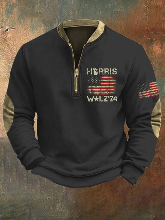 Men's Vintage Flag Print Vote Vintage Half Open Collar Sweatshirt