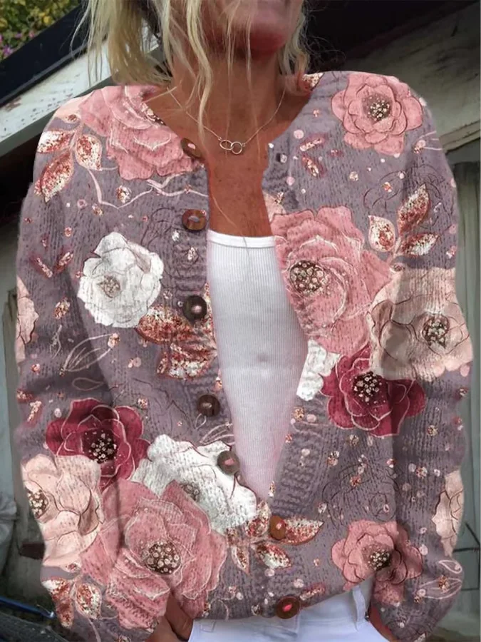 Women's Breast Cancer Flower Print Knitted Cardigan