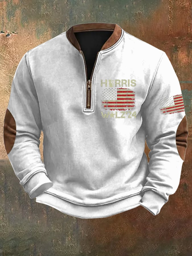 Men's Vintage Flag Print Vote Vintage Half Open Collar Sweatshirt