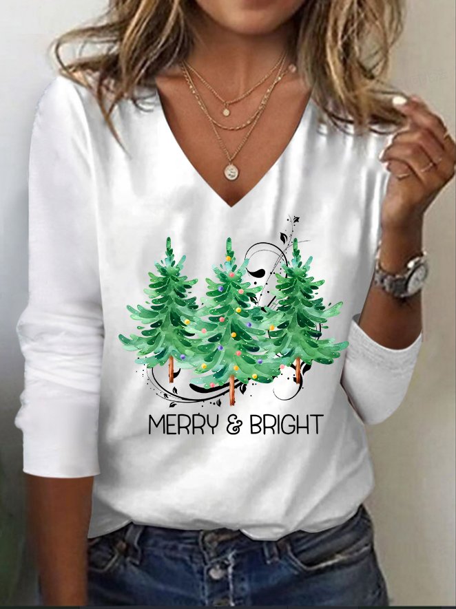 Women's Christmas Printed V-Neck Long Sleeve T-Shirt