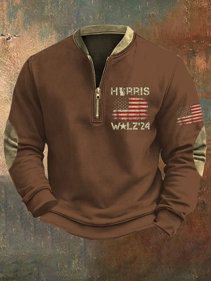 Men's Vintage Flag Print Vote Vintage Half Open Collar Sweatshirt