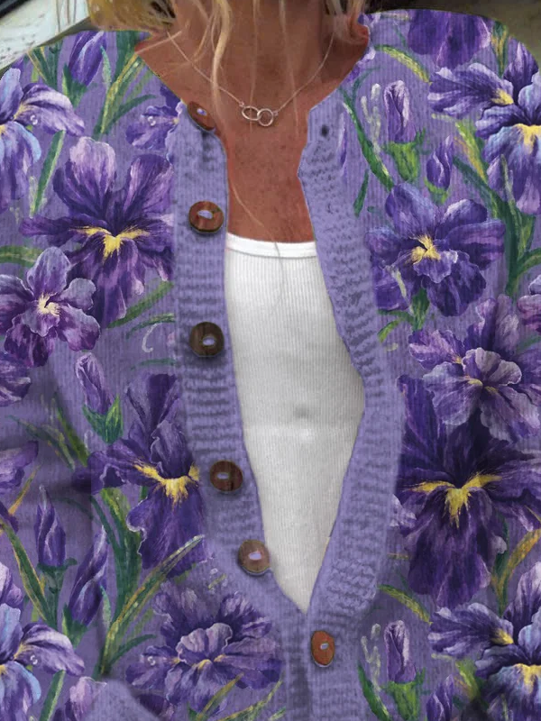 Women's Alzheimer's Awareness Purple Floral Art Print Sweater Cardigan