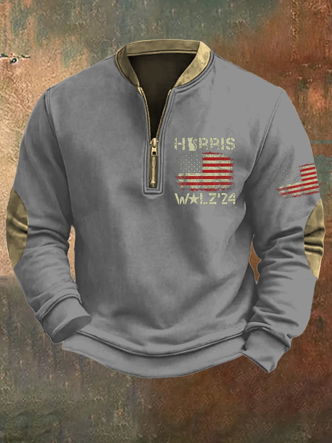 Men's Vintage Flag Print Vote Vintage Half Open Collar Sweatshirt