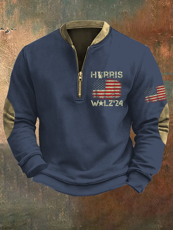 Men's Vintage Flag Print Vote Vintage Half Open Collar Sweatshirt