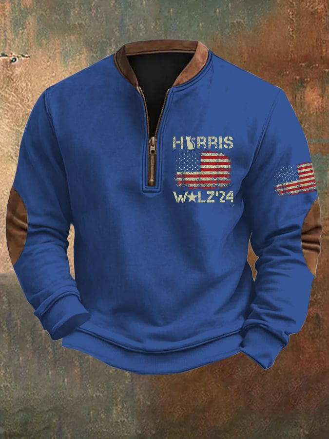 Men's Vintage Flag Print Vote Vintage Half Open Collar Sweatshirt