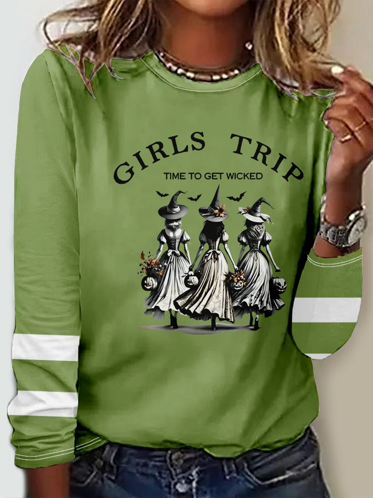 Women's Funny Halloween Witches Girls Trip Time To Get Wicked Casual Long Sleeve Shirt