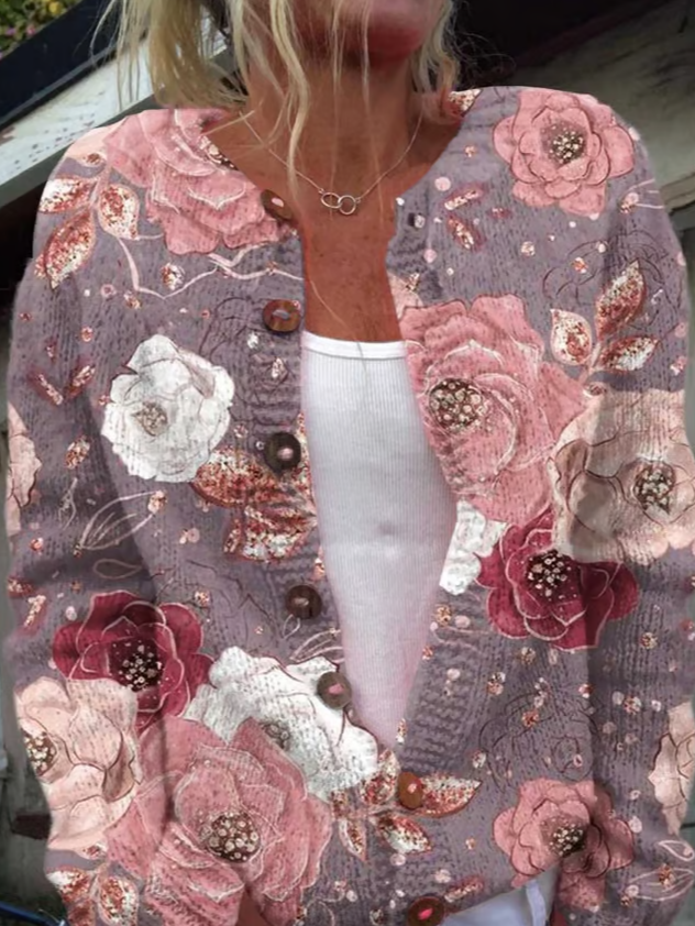 Women's Breast Cancer Flower Print Knitted Cardigan