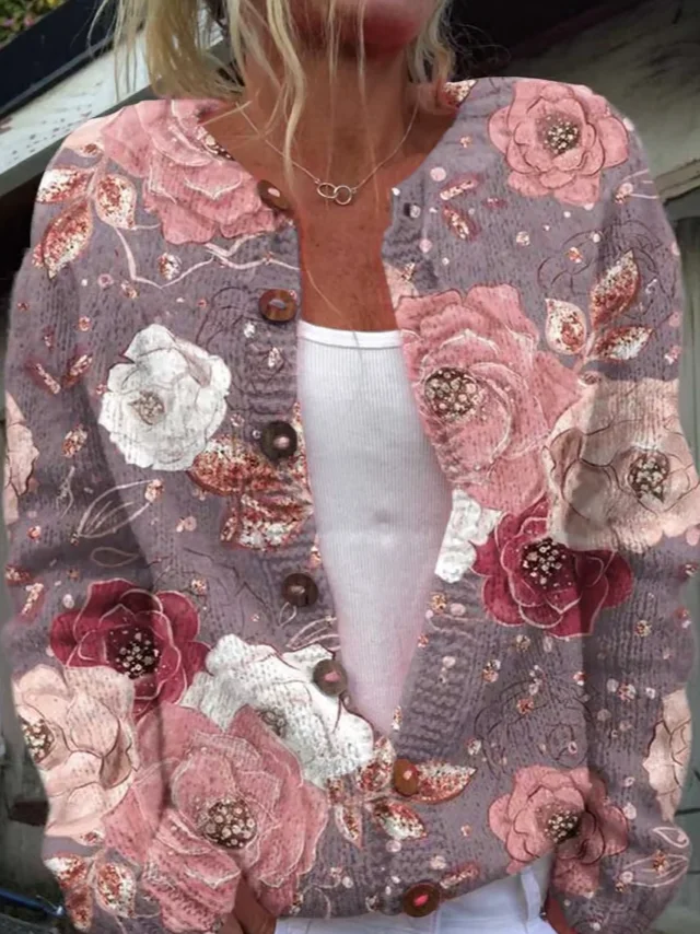 Women's Breast Cancer Flower Print Knitted Cardigan