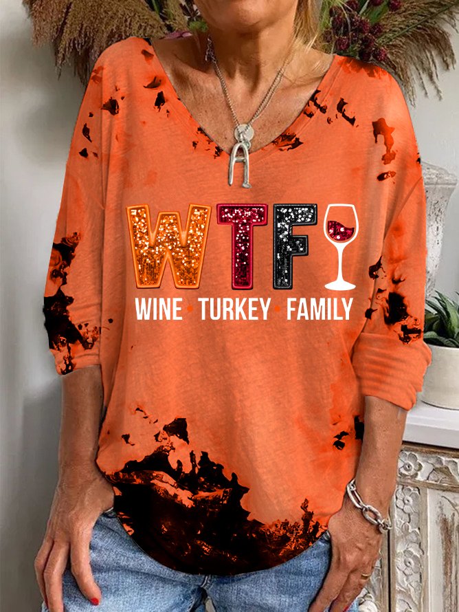 Women's WTF Wine Turkey Family Print V-Neck Long Sleeve Tee