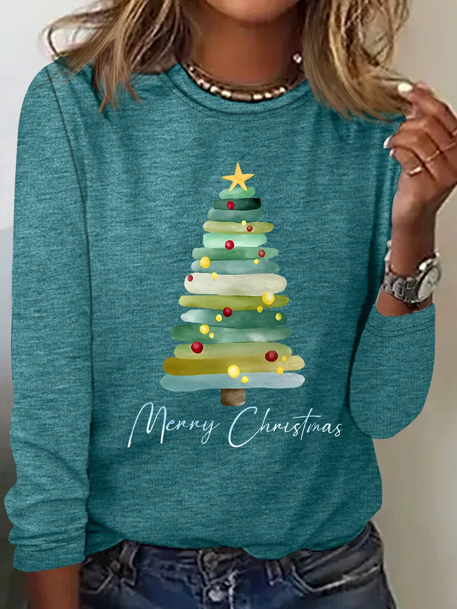 Merry Christmas Tree Print Casual Long Sleeve Shirt