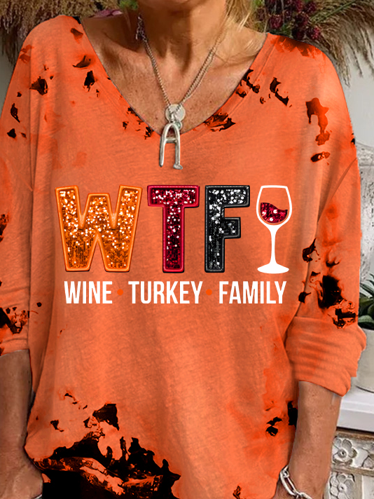 Women's WTF Wine Turkey Family Print V-Neck Long Sleeve Tee