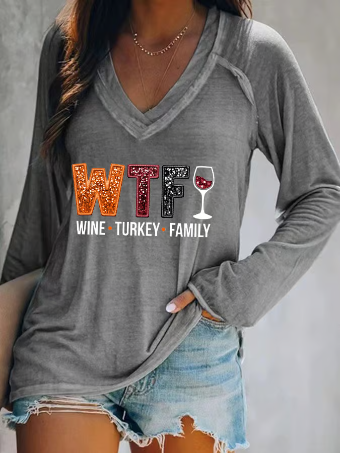 Women's WTF Wine Turkey Family Print V Neck T-Shirt