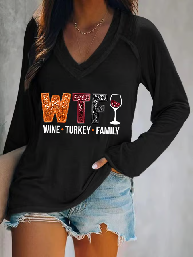 Women's WTF Wine Turkey Family Print V Neck T-Shirt