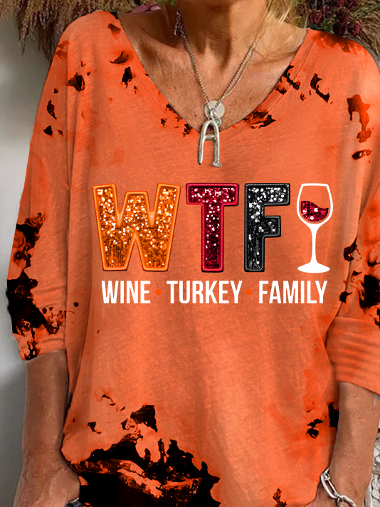 Women's WTF Wine Turkey Family Print V-Neck Long Sleeve Tee