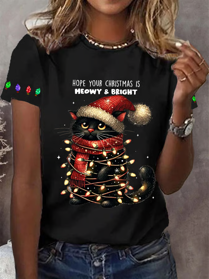 Women's Hope Your Christmas Is Meowy And Bright Casual T-Shirt