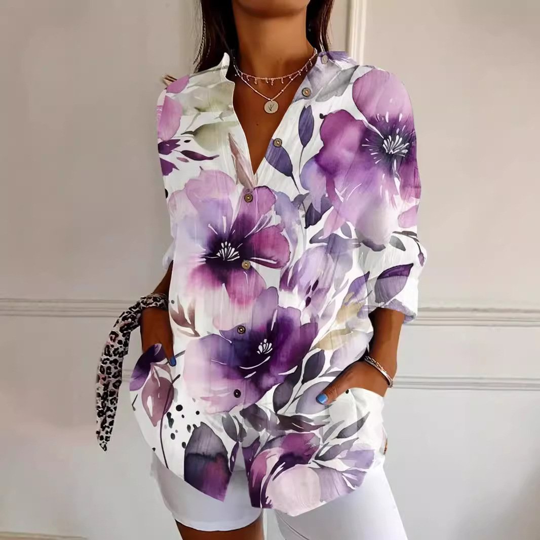 Women's Purple Art Flowers Print Casual Long Sleeve Shirt