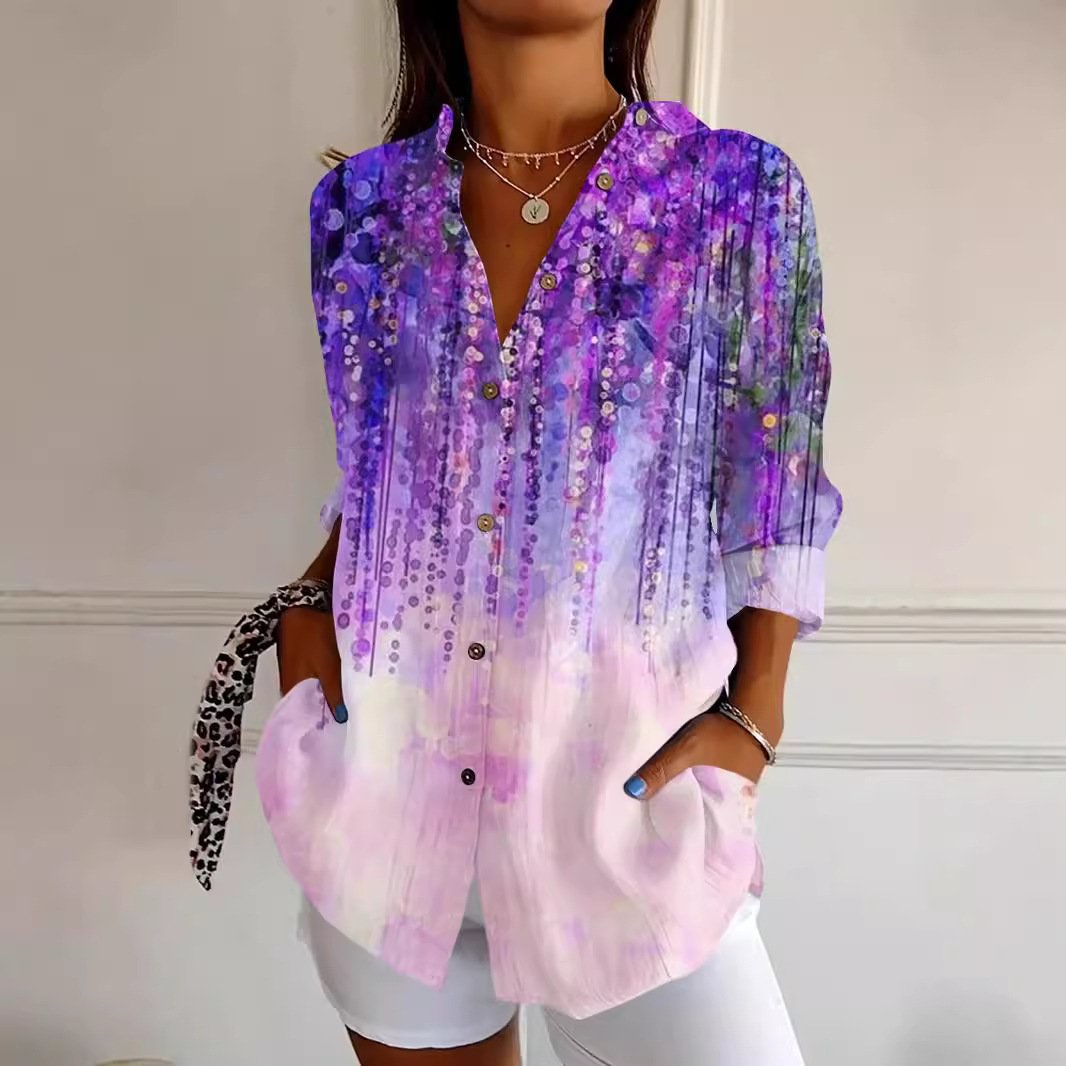 Women's Purple Art Flowers Print Casual Long Sleeve Shirt