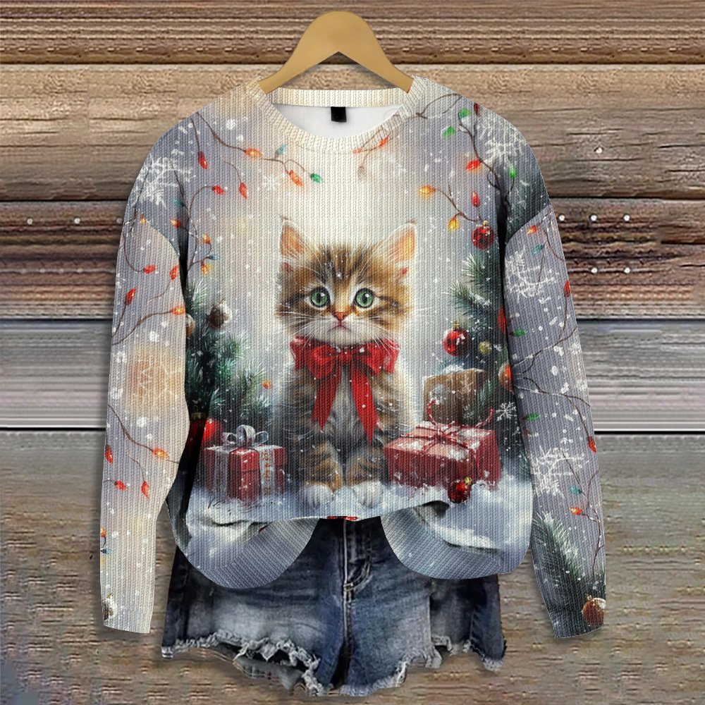 Christmas tree Cat Christmas Knitted Casual Sweater