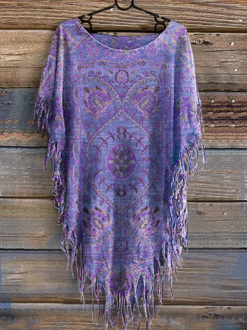 Women's Vintage Floral Totem Print Punk Hippie Batwing Tussle Fringes Poncho T-Shirt