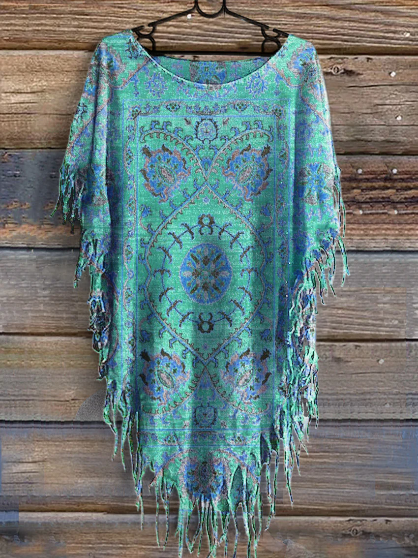 Women's Vintage Floral Totem Print Punk Hippie Batwing Tussle Fringes Poncho T-Shirt