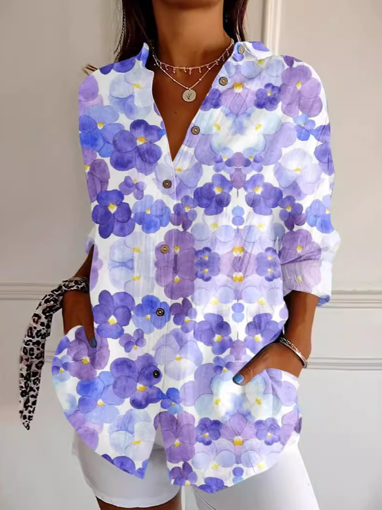 Women's Purple Art Flowers Print Casual Long Sleeve Shirt