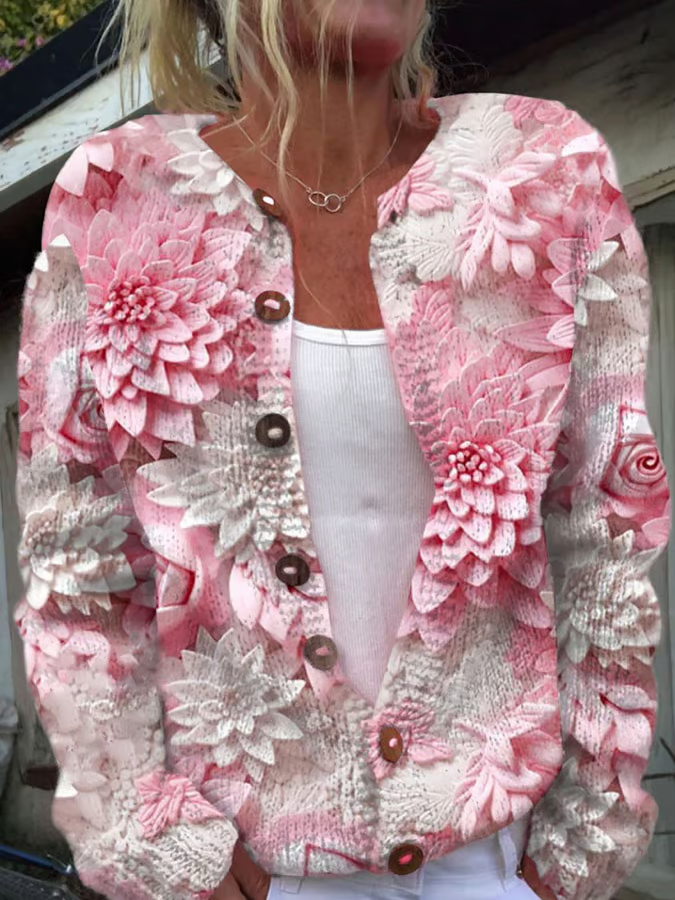 Women's Breast Cancer Pink Flower Print Knitted Cardigan