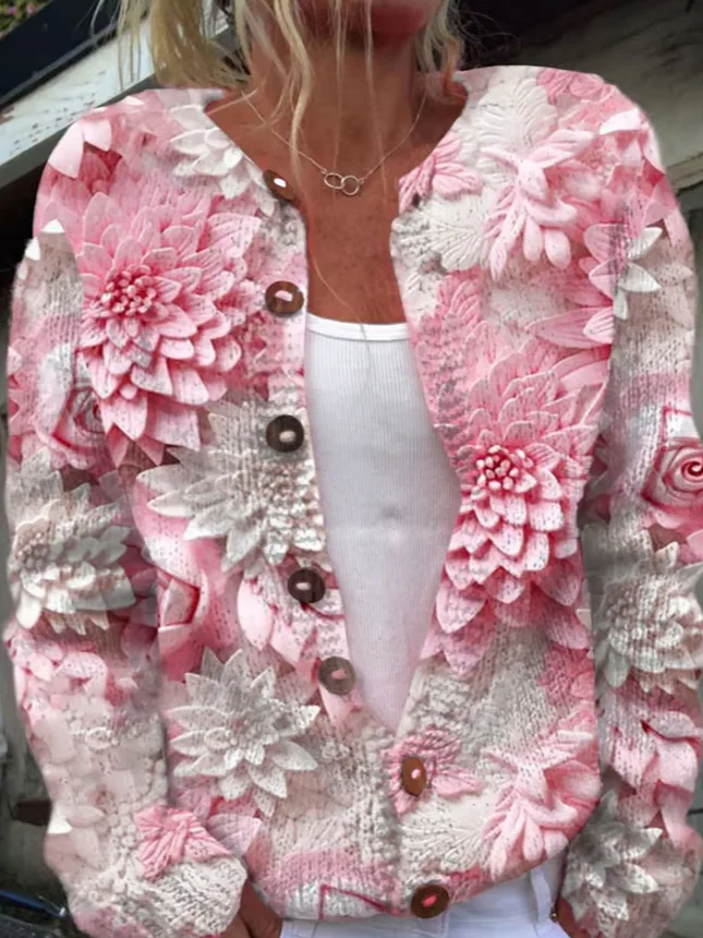 Women's Breast Cancer Pink Flower Print Knitted Cardigan