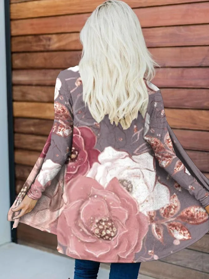 Women's Breast Cancer Flower Print Long Sleeve Cardigan