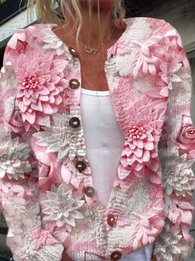 Women's Breast Cancer Pink Flower Print Knitted Cardigan