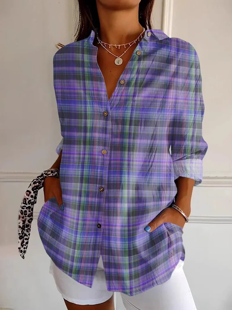 Women's Purple Art Plaid Print Casual Long Sleeve Shirt