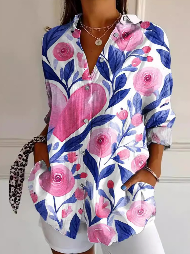 Women's Breast Cancer Awareness Print Casual Cotton Shirt