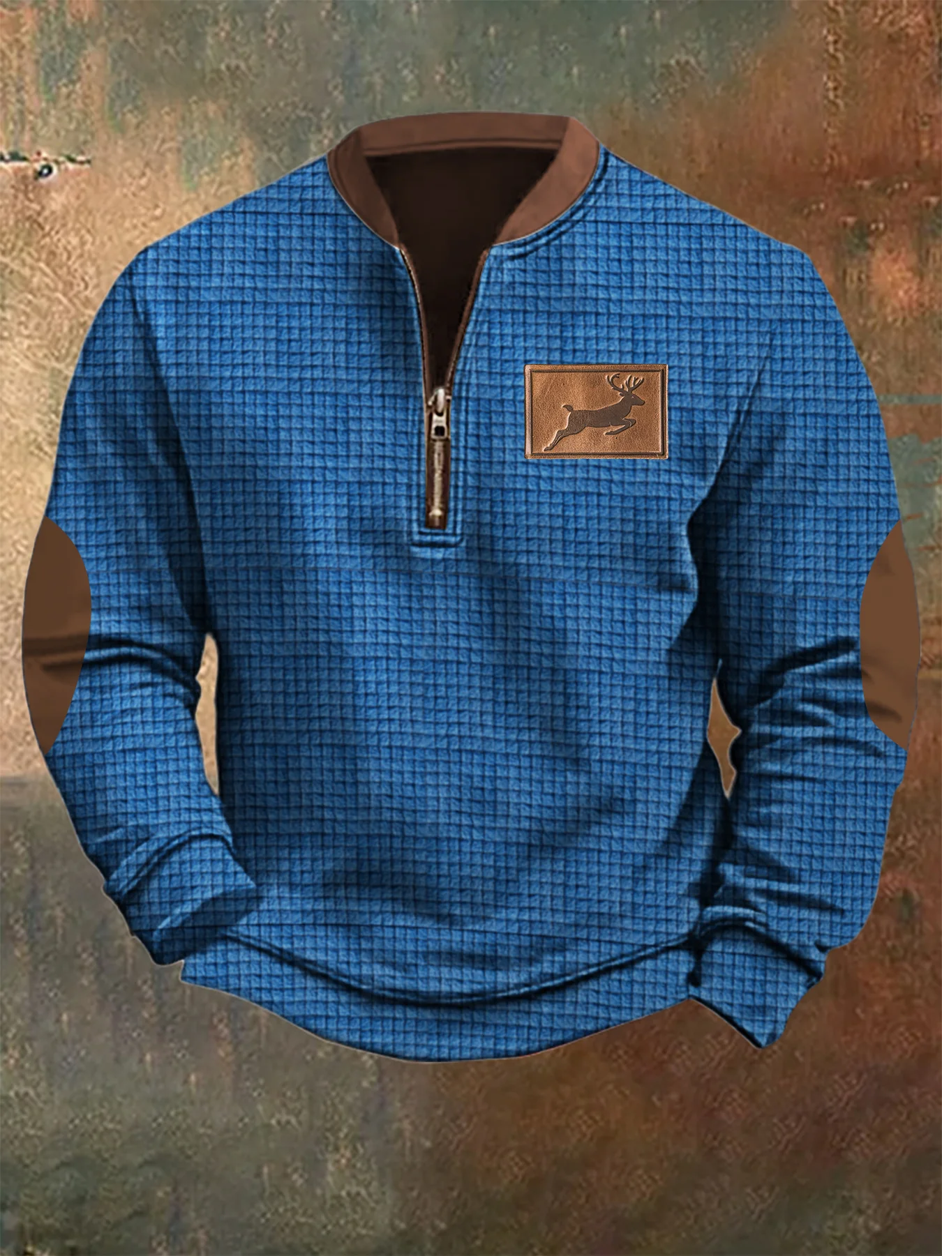 Men's Zip-Up Half-Open Collar Polar Fleece Check Print Sweatshirt