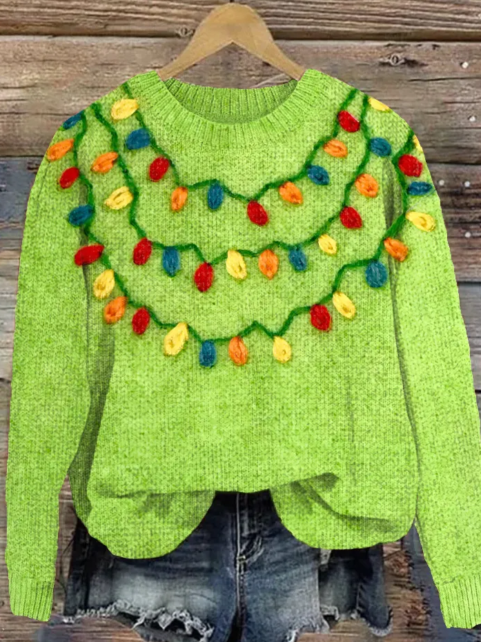 Christmas Colorful Lights Felt Art Soft Cozy Knit Sweater