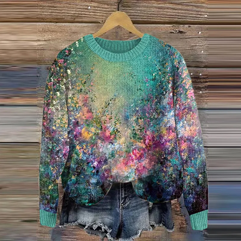 Crew Neck Simple Abstract Loose Sweater