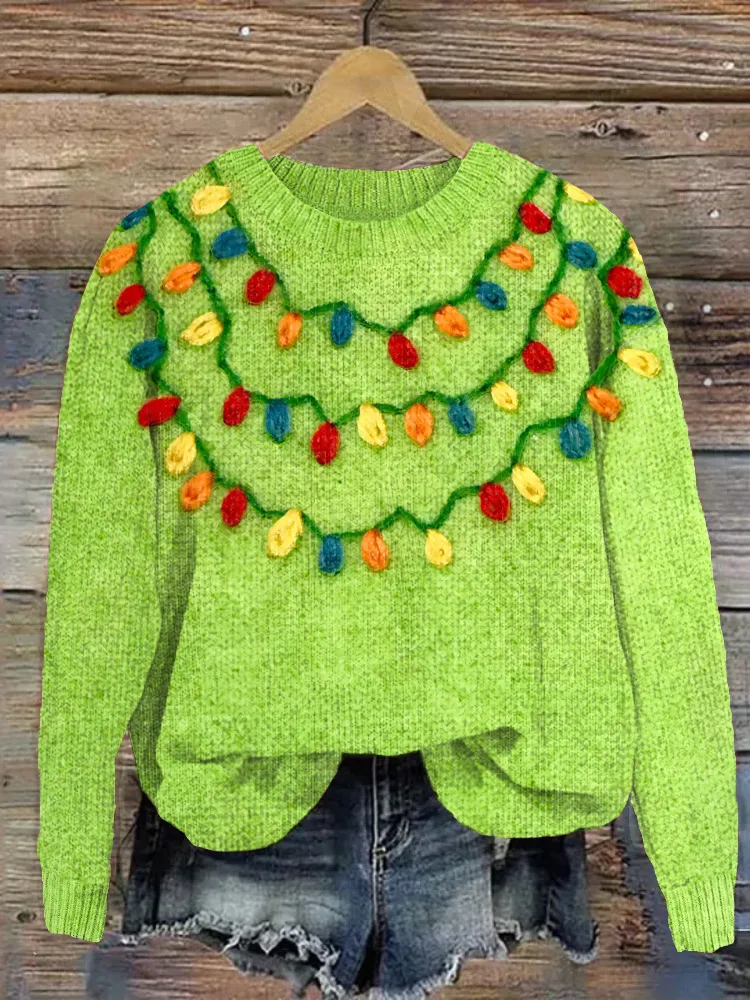 Christmas Colorful Lights Felt Art Soft Cozy Knit Sweater