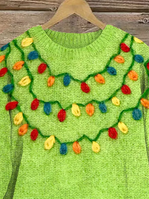 Christmas Colorful Lights Felt Art Soft Cozy Knit Sweater