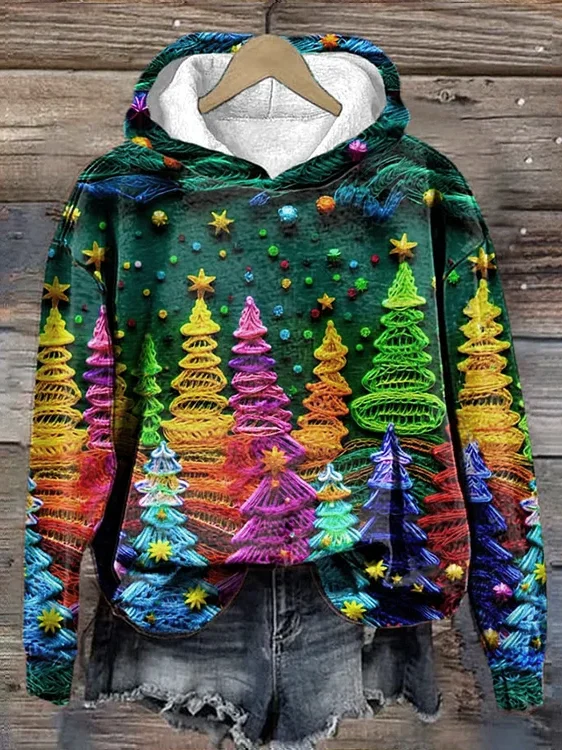 Women's Vintage Christmas Tree Print 3D Printing Cotton Hoodie Loose Casual Hoodie