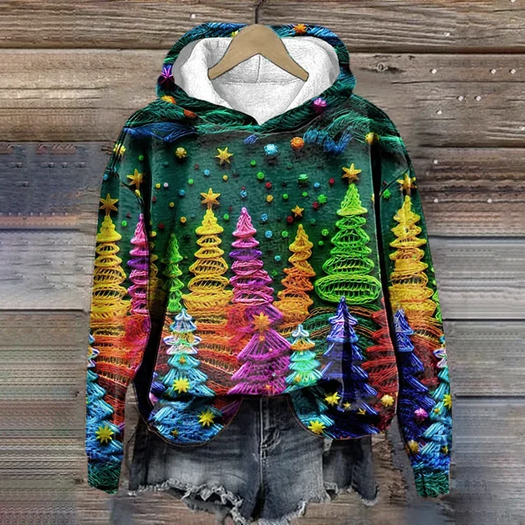 Women's Vintage Christmas Tree Print 3D Printing Cotton Hoodie Loose Casual Hoodie