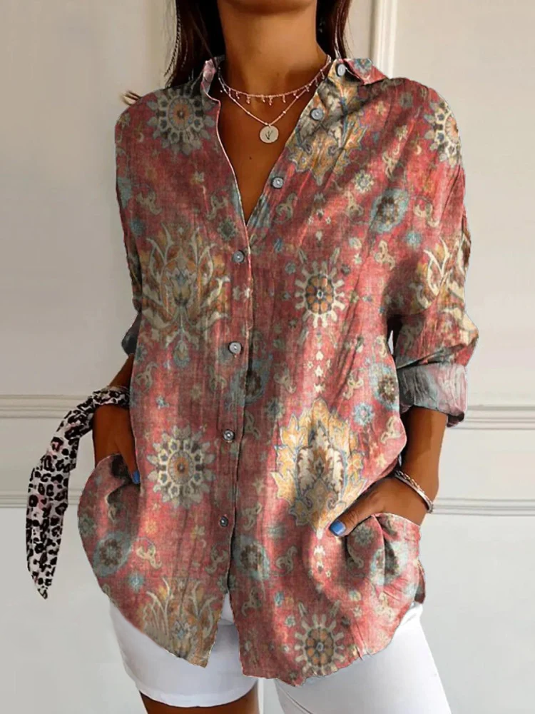 Women's Retro Ethnic Pattern Print Casual Shirt