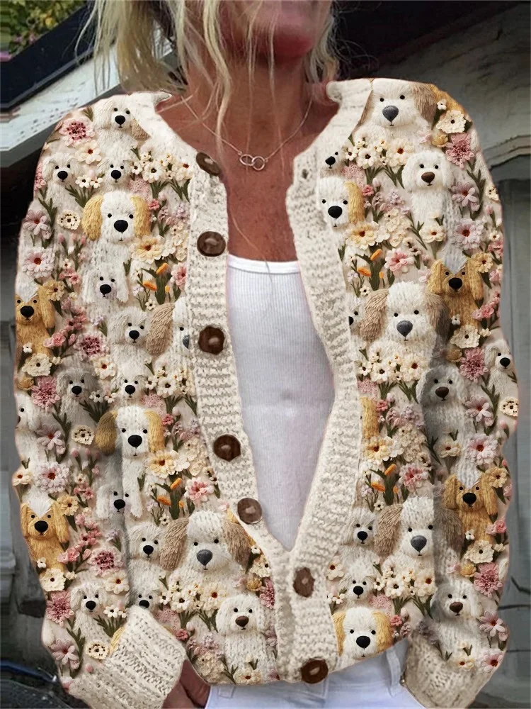 Fuzzy Dogs Floral Embroidered Cozy Knit Cardigan