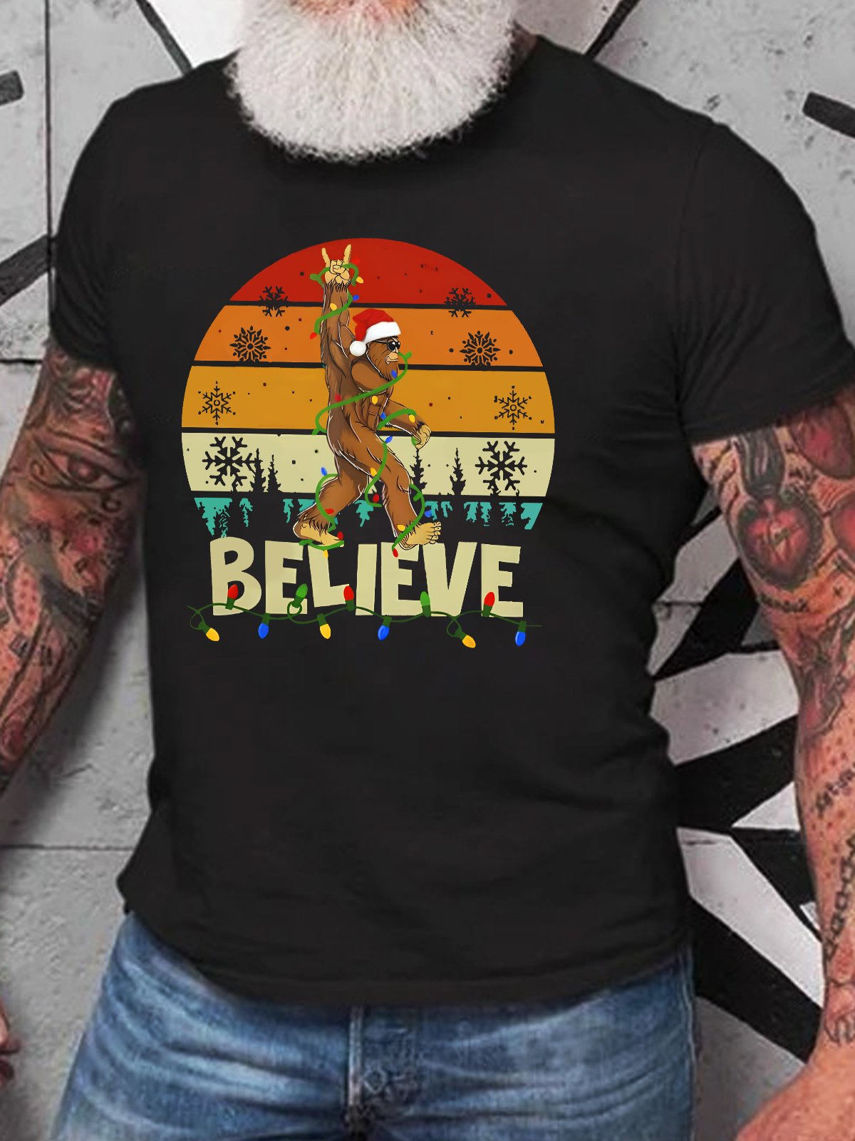 Believe Bigfoot Rock and Roll Sasquatch Christmas Cotton T-shirt