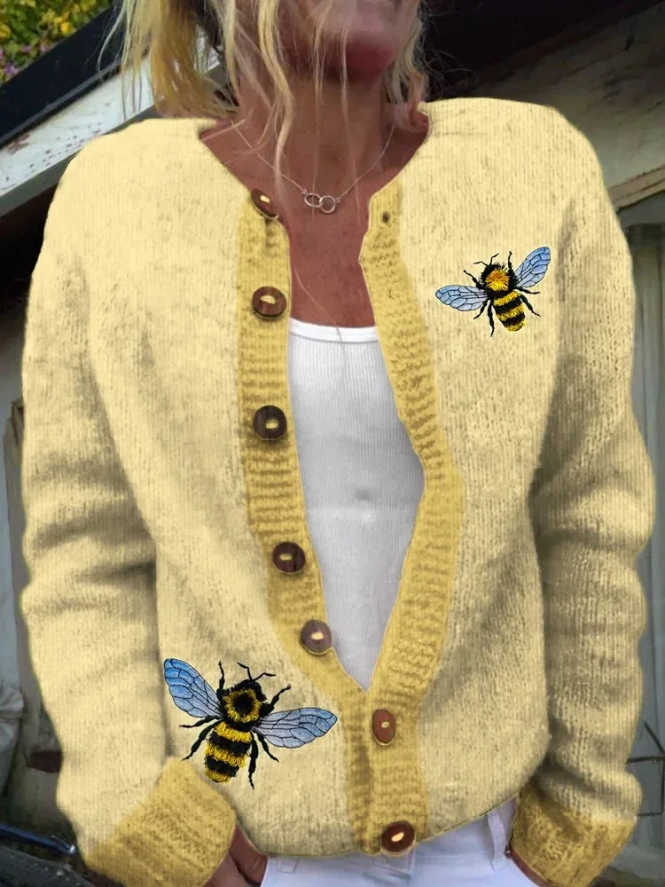 3D Printing Tassel Embroidery Bee Women's Soft Sweater Cardigan