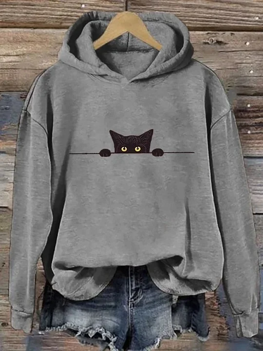 Women's Casual Funny Black Cat Print Hoodie